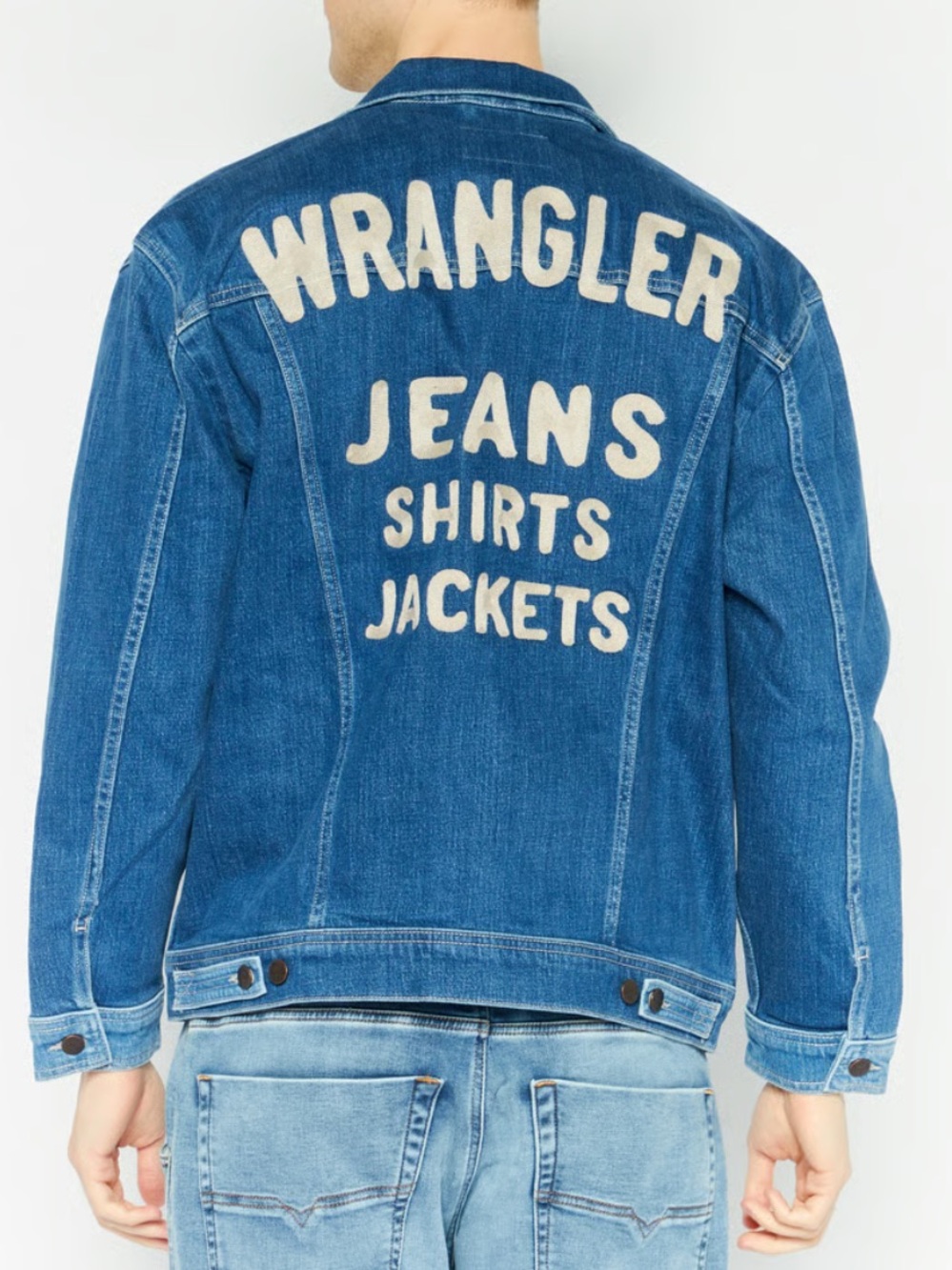 Wrangler Blue Denim Jacket with Cream Back Lettering